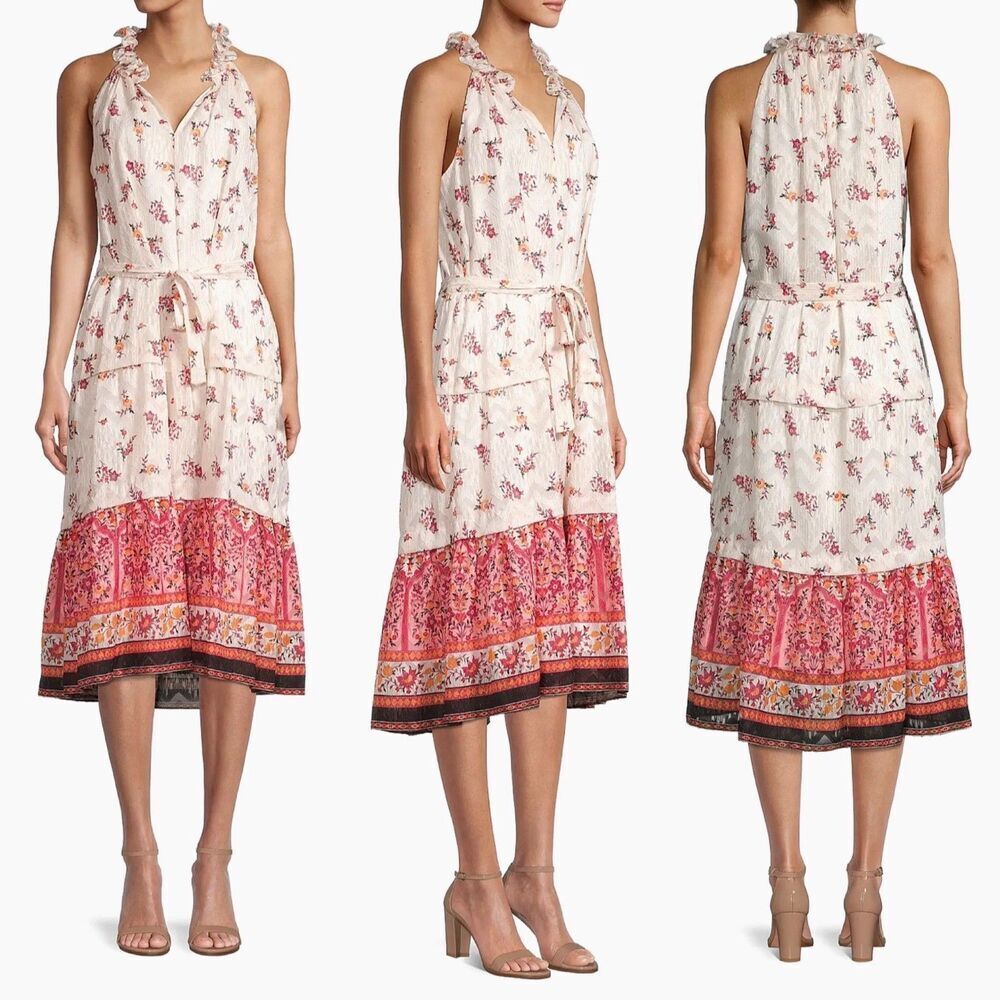 Kobi Halperin Women Size L Johnson Floral Halter Ruffle Tiered Midi Dress Party
